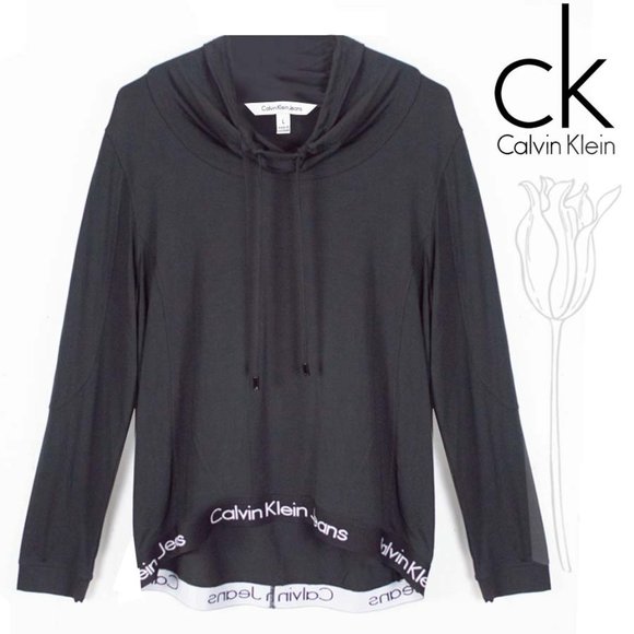 Calvin Klein Jeans Tops - Calvin Klein Black High Low Drawstring Neck Long Sleeve Logo Trim Rayon Top NWOT